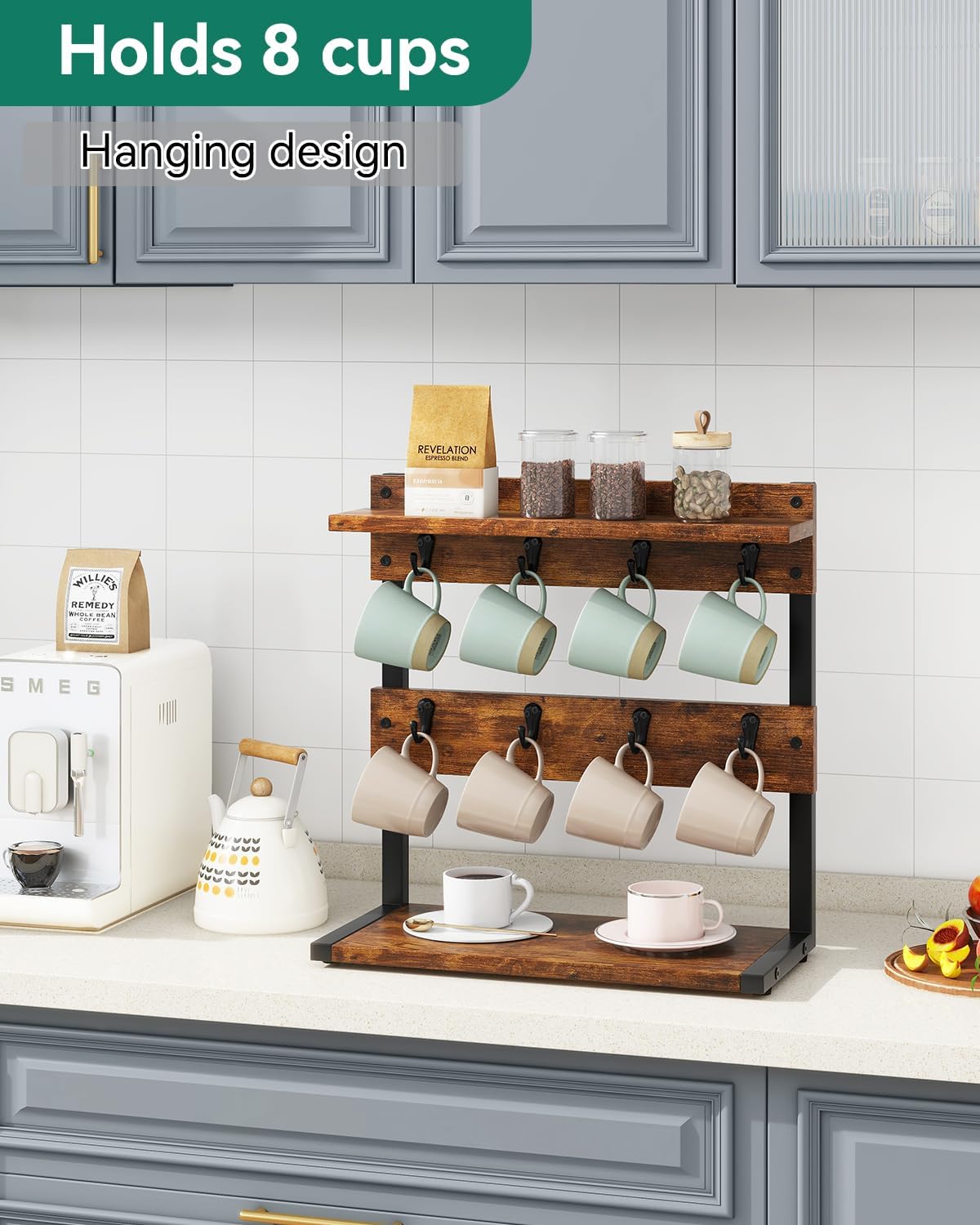 IBUYKE Rustic Coffee Mug Holder Stand, 2 Tier Countertop Mug Tree Holder Rack with Storage Base, Vintage Mug Holders for Kitchen, Holds 8 Mugs, Rustic Brown UTBJ002H