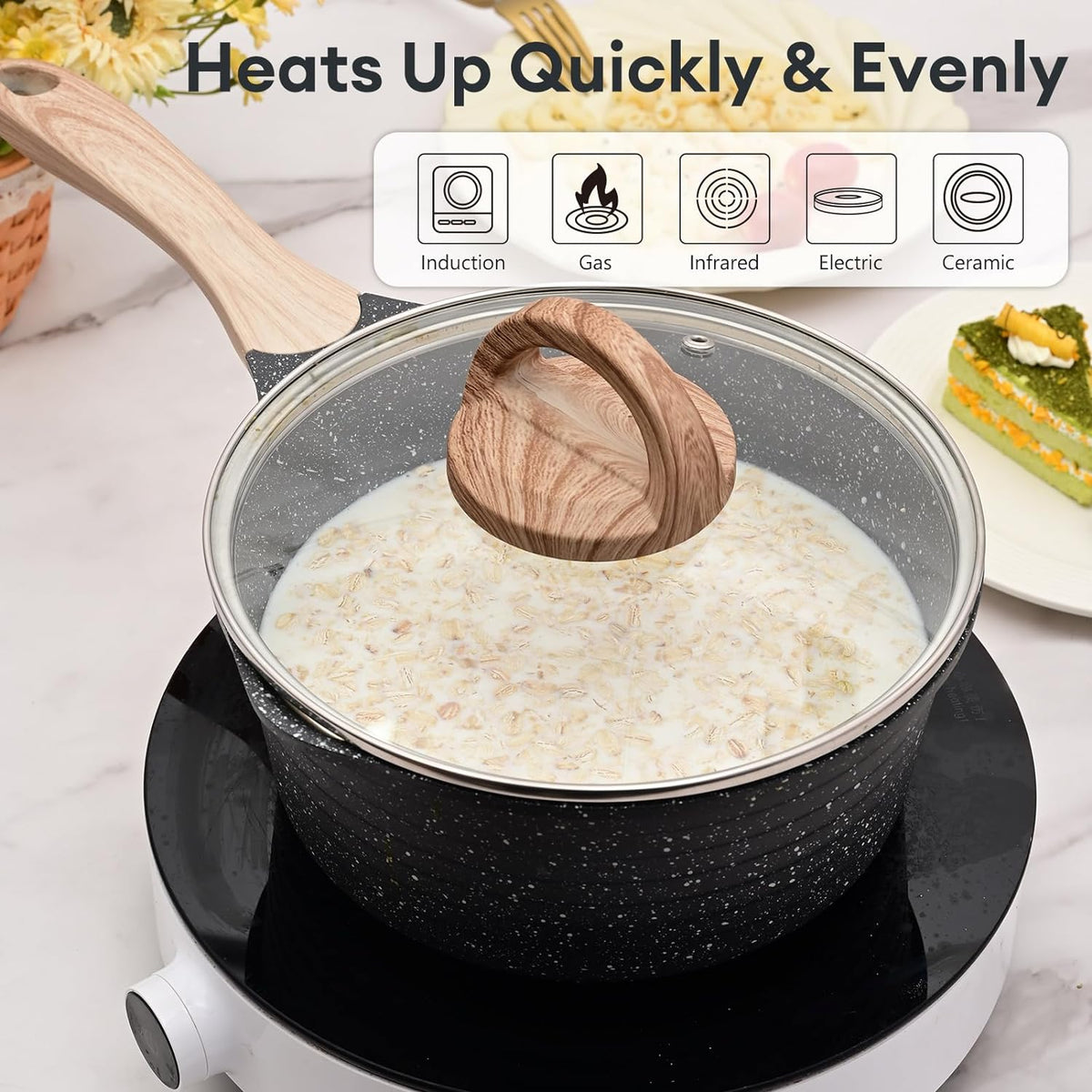 JEETEE 1.5 Quart Sauce Pan with Lid, Non Stick Small Pot with Coating, Masterclass Cookware Sauce Pot for Cooking, PFOA/PFOS Free