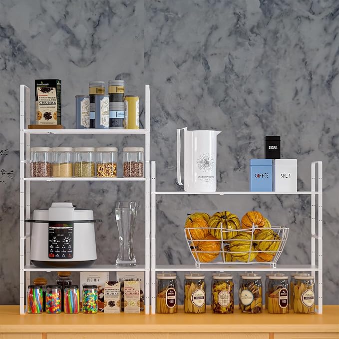 Expandable Kitchen Cabinet Shelf Organizers 2 Pack, Stackable Metal Pantry Storage Shelves Rack, Adjustable Counter Shelf for Cabinets, Countertop, Cupboard Organizers and Storage, White