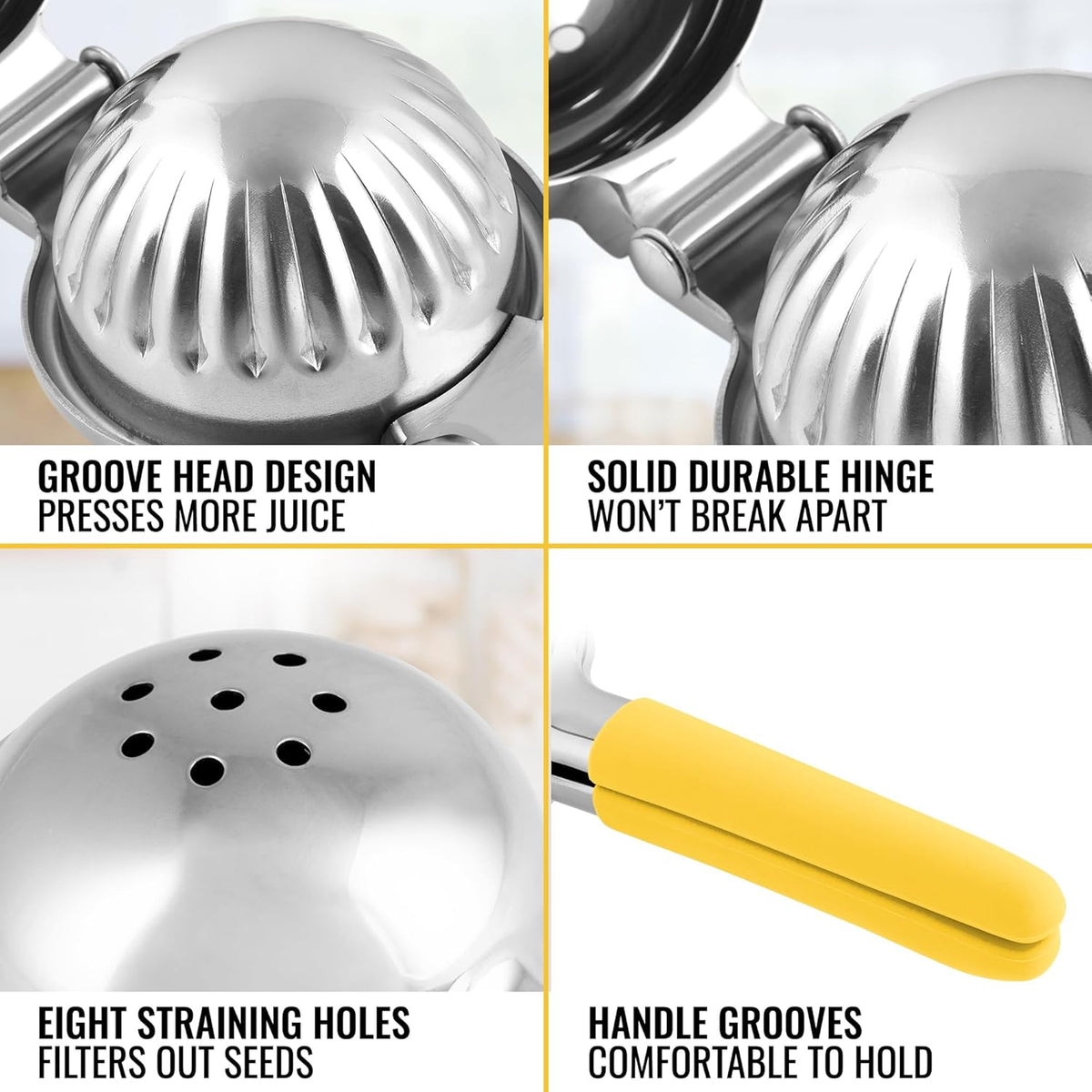 Zulay Lemon Squeezer Stainless Steel with Premium Heavy Duty Solid Metal Squeezer Bowl and Food Grade Silicone Handles - Large Manual Citrus Press Juicer and Lime Squeezer Stainless Steel (Yellow)