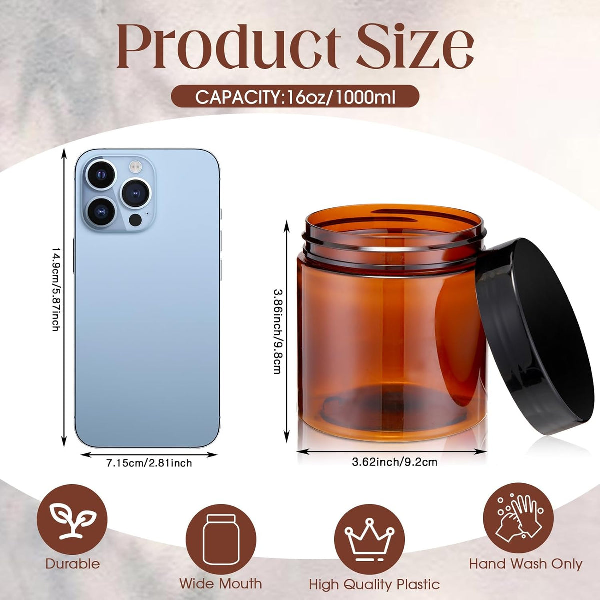 Patelai 4 Pieces Round Wide-mouth Leak Proof Plastic Container Jars with Lids for Travel Storage Makeup Beauty Products Face Creams Oils Salves Ointments DIY Making(16 Ounce,Amber)