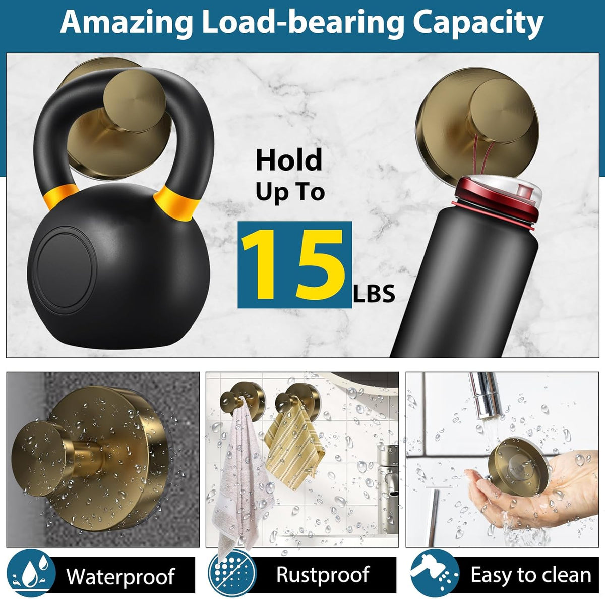 Suction Cup Hooks for Shower, 4 PCS No-Drill Towel Holder for Bathrooms Wall, Glass Door, Mirror, Tiles, Kitchen, Hold Robe & Wreath, Hanging up to 15 lbs – Waterproof & Rustproof, Loofah-Gold