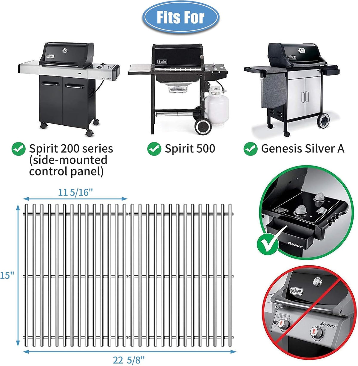 Htanch15inch 7522 Stainless Steel 9mm Cooking Grid Grates for Weber 7523 Genesis Silver A, Spirit E-200,Spirit 500,Spirit 210 (2007-2012) Gas Grills