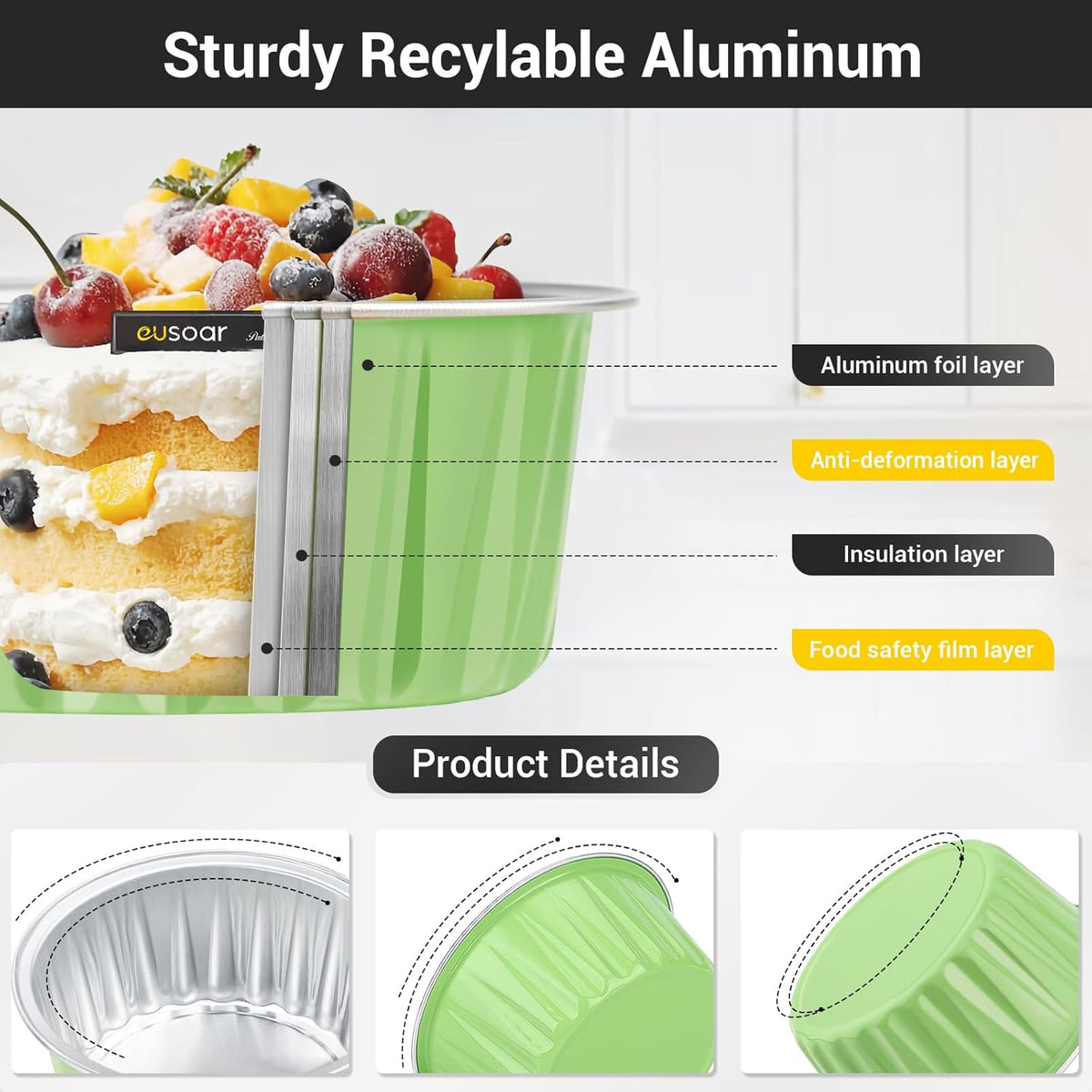 EUSOAR Baking Cups with Lids, 30pcs 5oz Disposable Aluminum Foil Muffin Liners Ramekins Cupcake Baking Cups, Disposable Foil Baking Cups Containers Mini Pie Pans for Creme Brulee or Cupcake-Green
