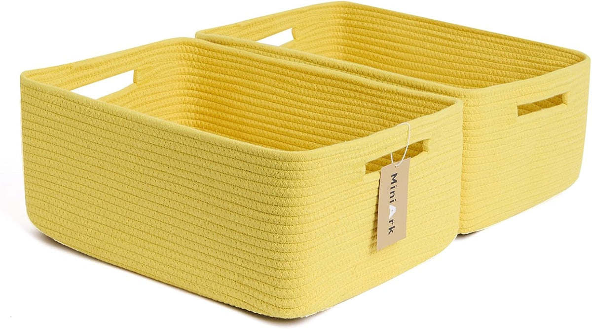 Large Storage Baskets for Shelves, Closet Organizers Bins for Clothes Blanket Towels, Baby Nursery, Toy Baskets Box, Woven Rope Baskets, 17 x 13 x 7.5”, 2 Packs Yellow