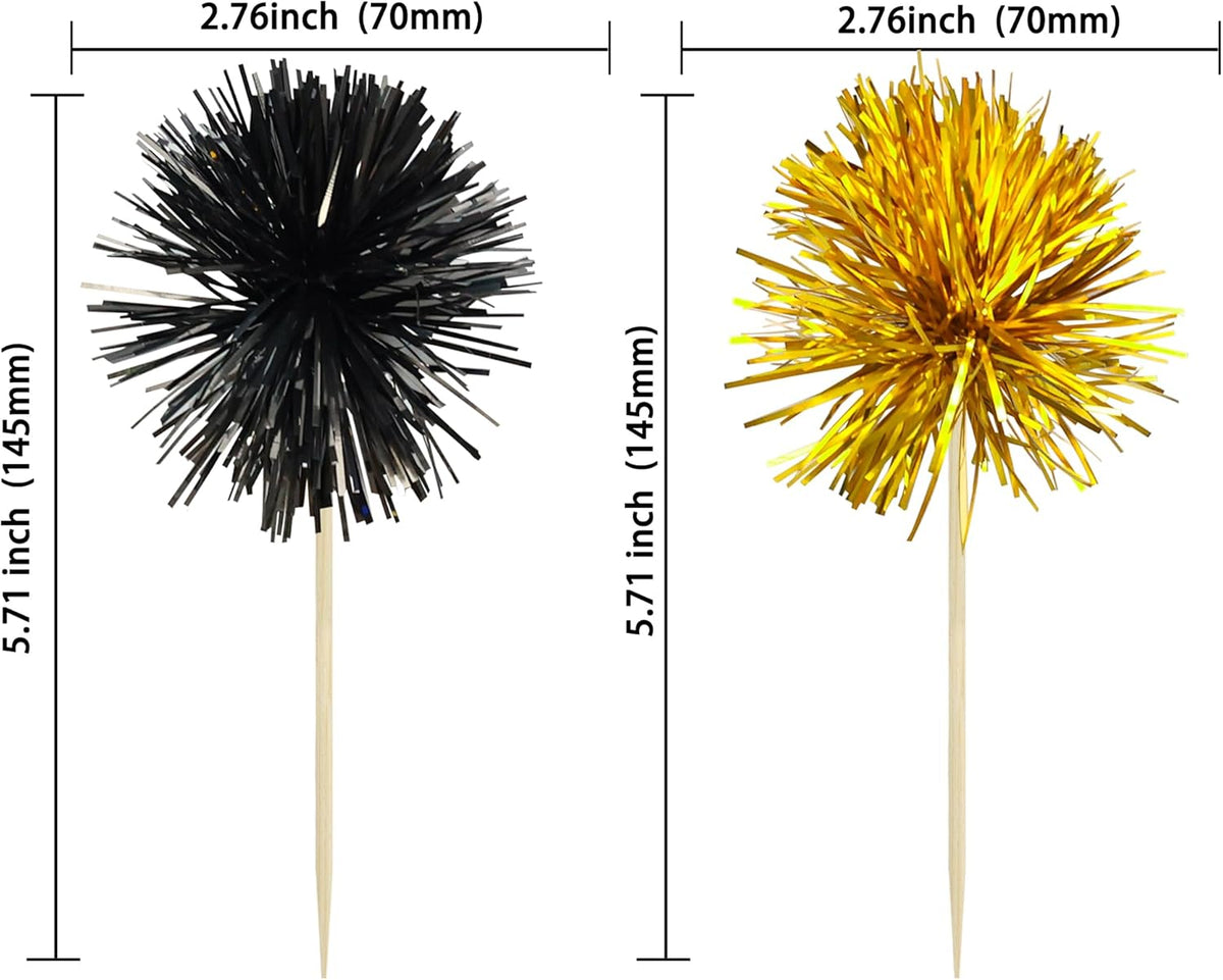 Gyufise 30Pcs Foil Firework Cupcake Toppers Sparkle Tinsel Cake Toppers Tinsel Drink Cake Decoration Cocktail Picks for Birthday Wedding Graduation Party Supplies Gold Black