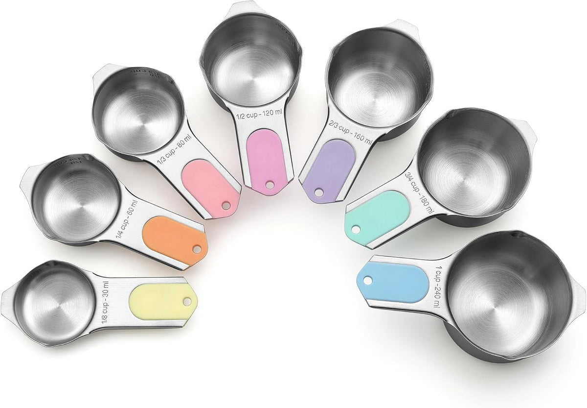 Spring Chef Magnetic Stainless Steel Measuring Cups, Patented, Kitchen Tools with Easy to Read Markings for Measuring Dry or Liquid Ingredients, Set of 7, Pastel