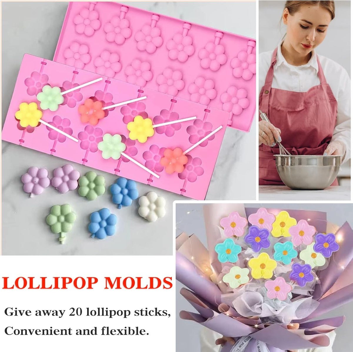 Silicone Lollipop Molds Candy Molds Silicone Sucker Molds Hard Candy Mold & 8 Rounds Nonstick Lollipop Mold With 20 Sticks for Candies,Bread,Jellies,Chocolate,Etc C