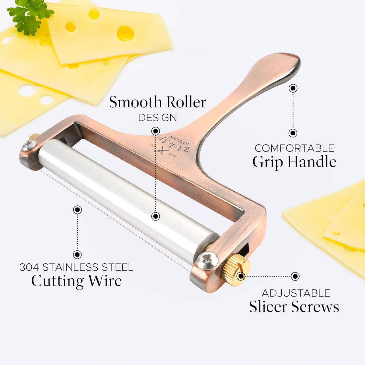 Zulay Adjustable Cheese Slicer - Wire Slicer For Mozzarella, Cheddar, Gouda - Heavy Duty With 2 Extra Wires (Copper)