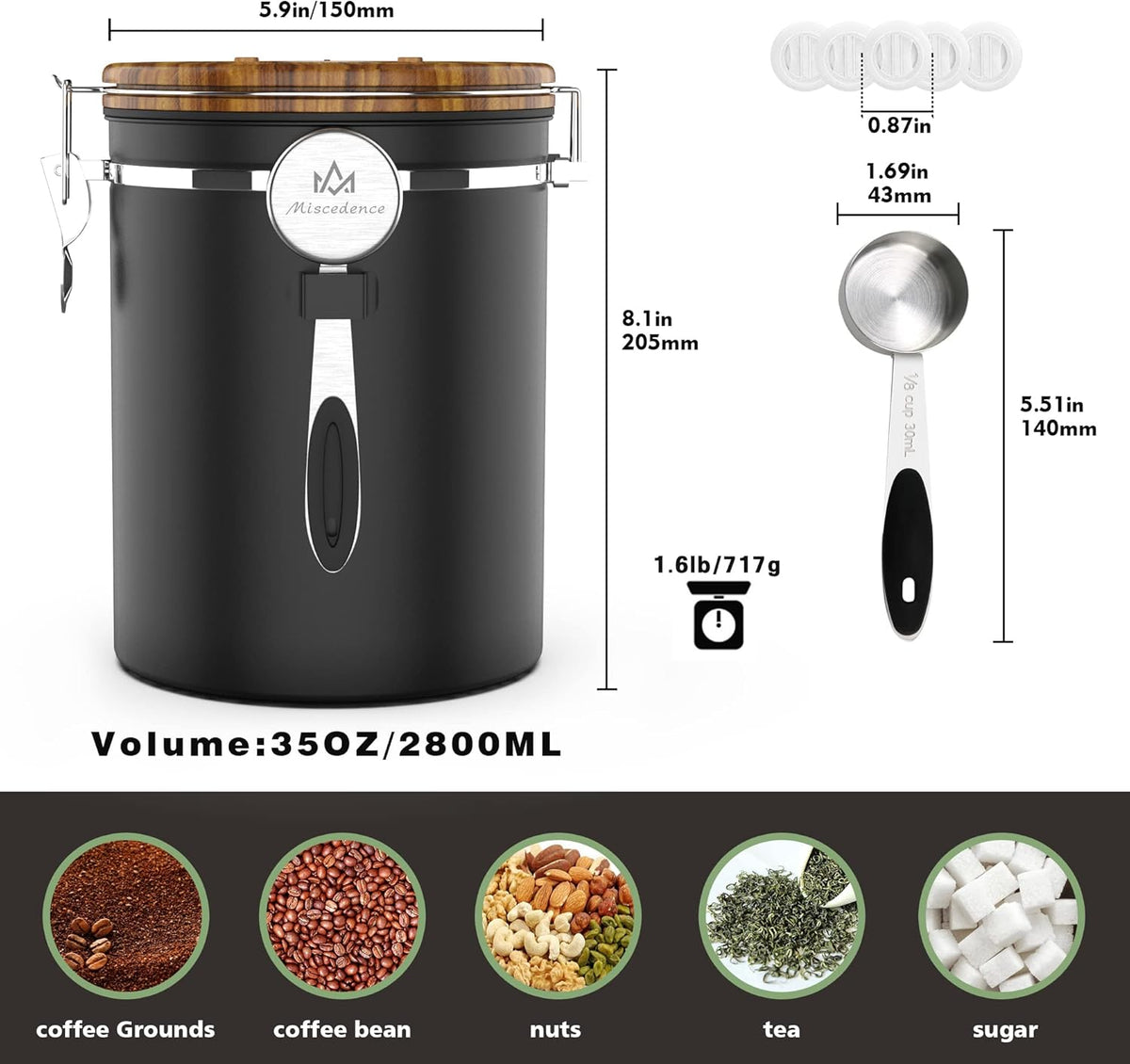 35OZ Coffee Canister for ground coffee with Date Tracker,Wood grain lid 304 Stainless Steel Kitchen Food Airtight storage container for Coffee Beans or Grounds, Tea, Sugar(35oz-grain)