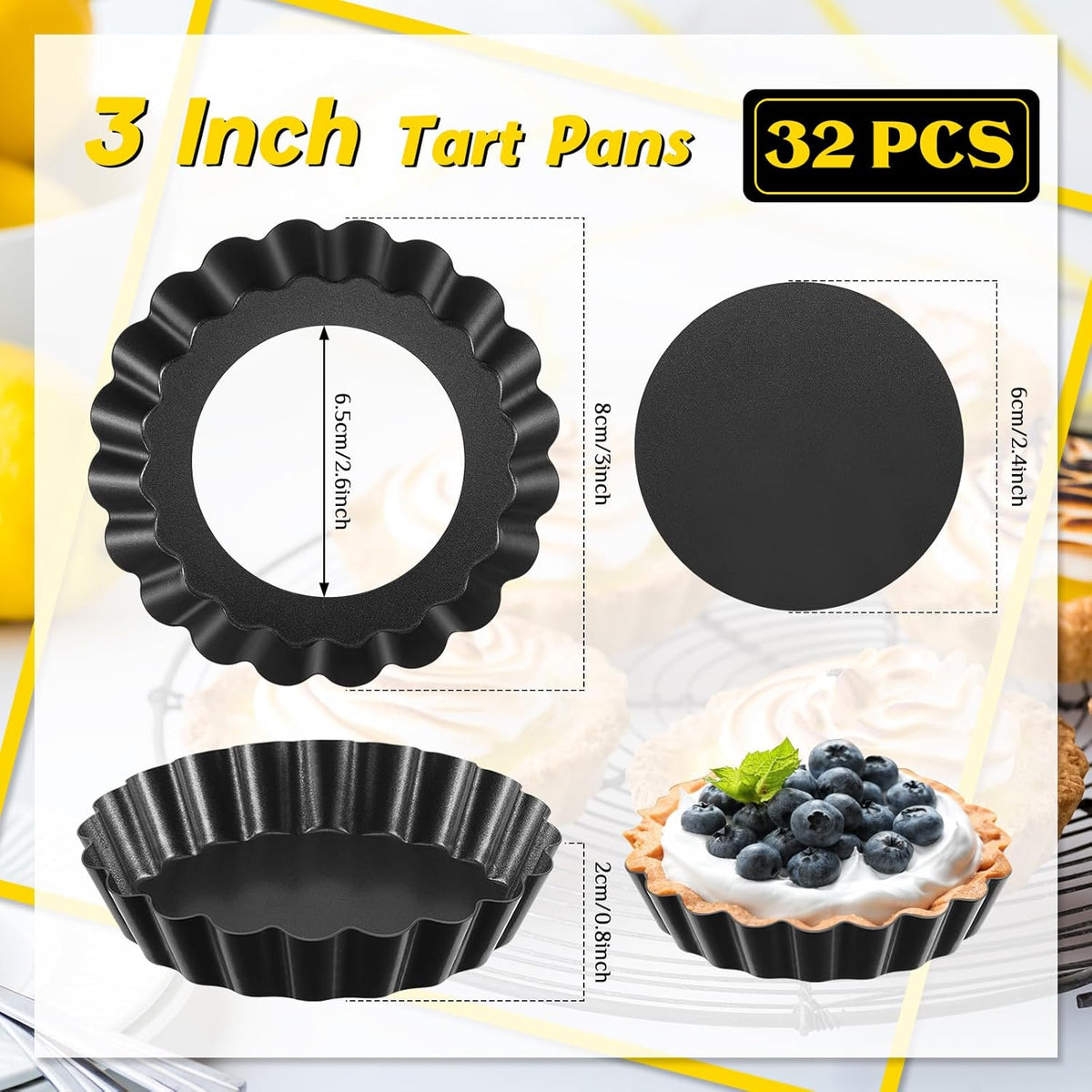 Uiifan 32 Pcs Mini Tart Pans Egg Tart Molds with Removable Bottom Round Nonstick Quiche Pan Mini Pie Pans Small Bakeware Mold Fluted Side for Mousse Cake Dessert Baking(3 Inch,Black Gray)