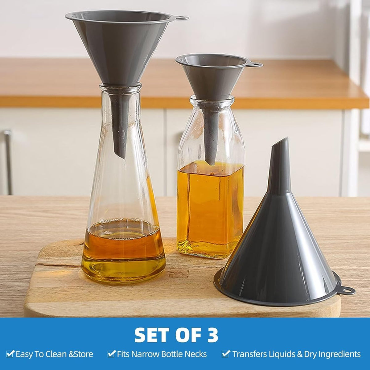 Plastic Kitchen Funnel Set of 3, Round Kitchen Funnels for Filling Bottles, Durable and Multifunctional Funnels for Filling Canning, Cooking, Lab or Car Oil (Gray)