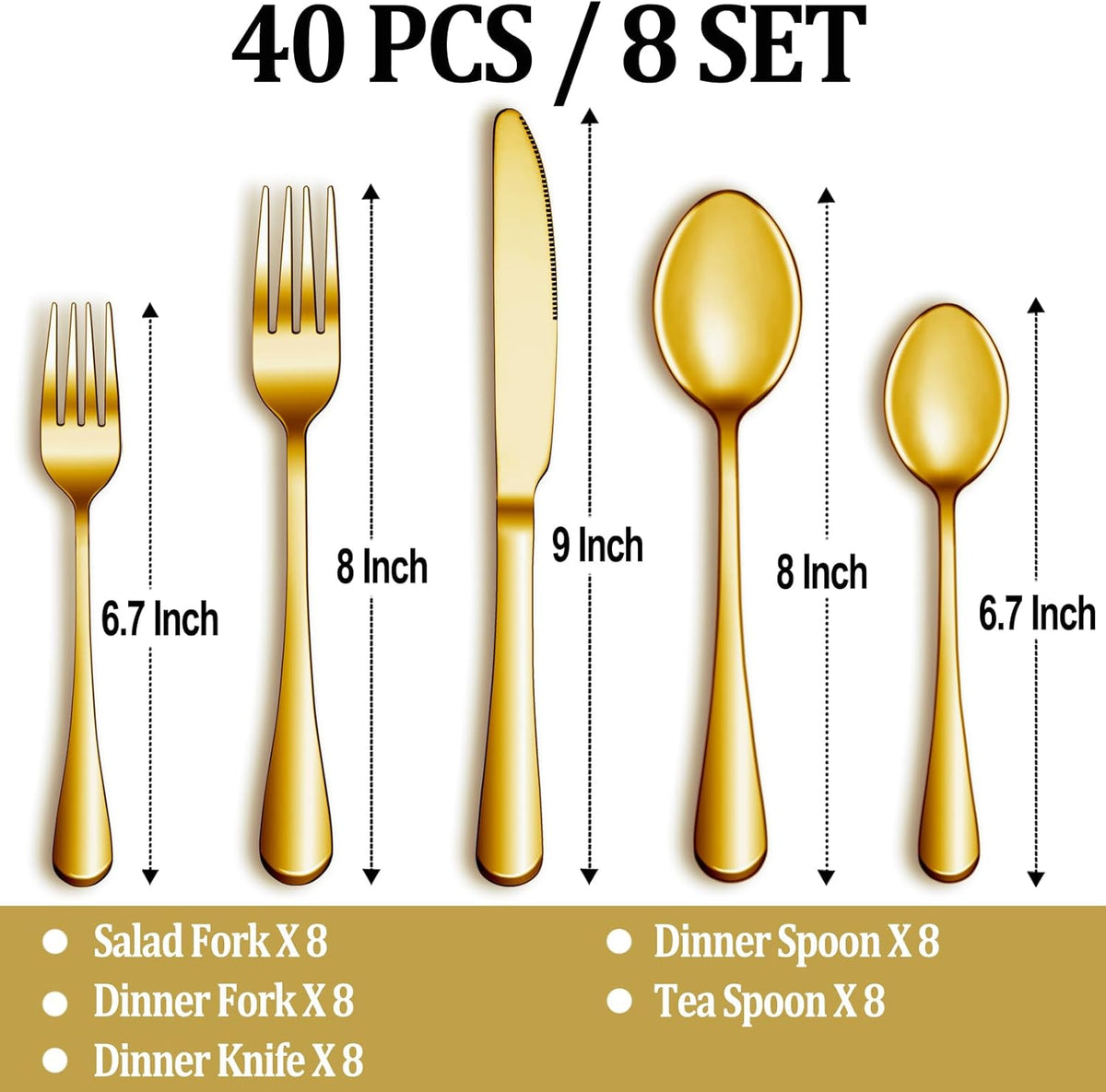 40 Pcs Gold Silverware Set Service for 8, Premium Stainless Steel Flatware Set, Cutlery Utensil Set, Durable Home Kitchen Eating Tableware Set, Include Fork Knife Spoon Set, Dishwasher Safe