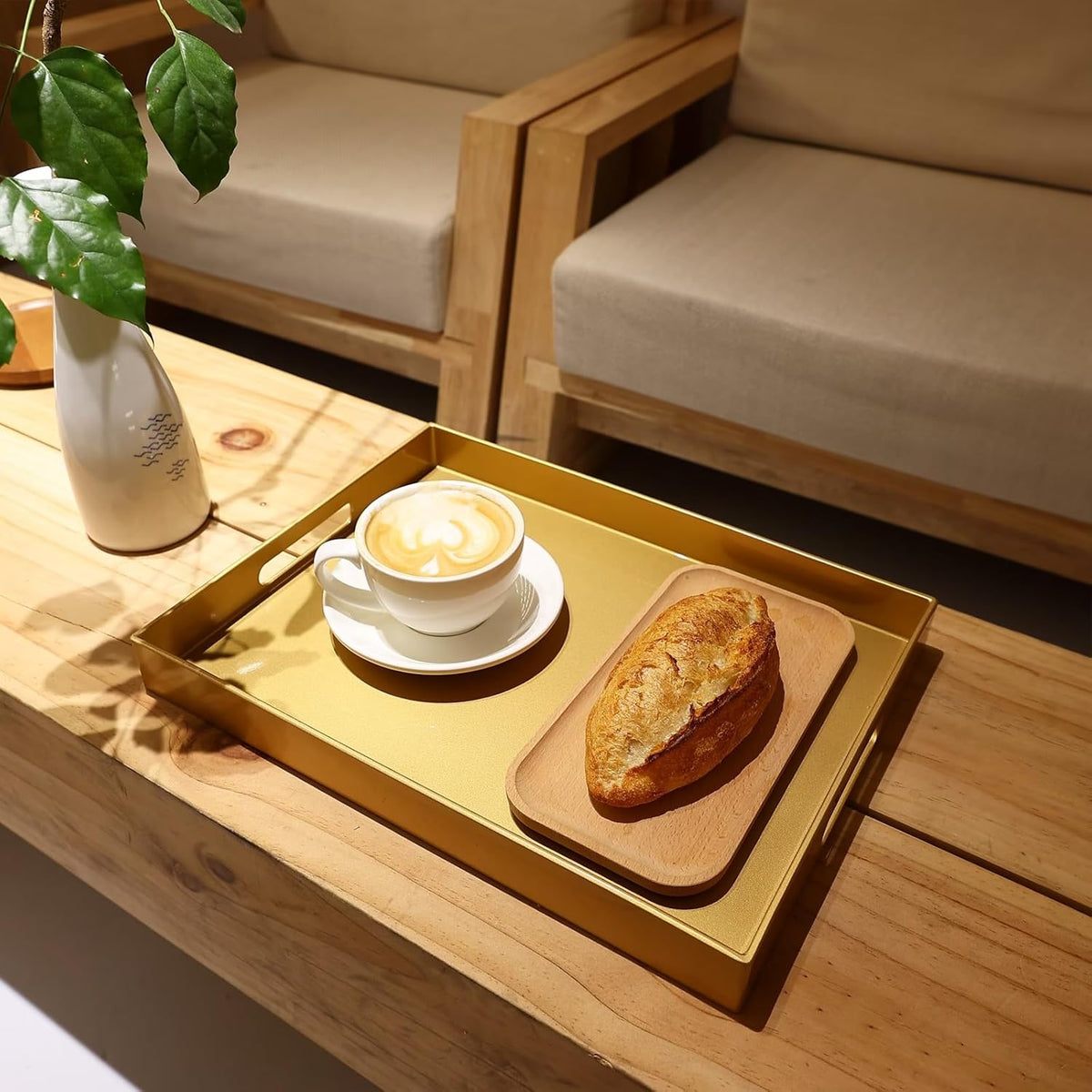 Spsyrine Gold Plastic Serving Tray for Ottoman, Coffee Table, Rectangle Decorative Tray for Entertaining, Outdoor, Living Room, Home Decor