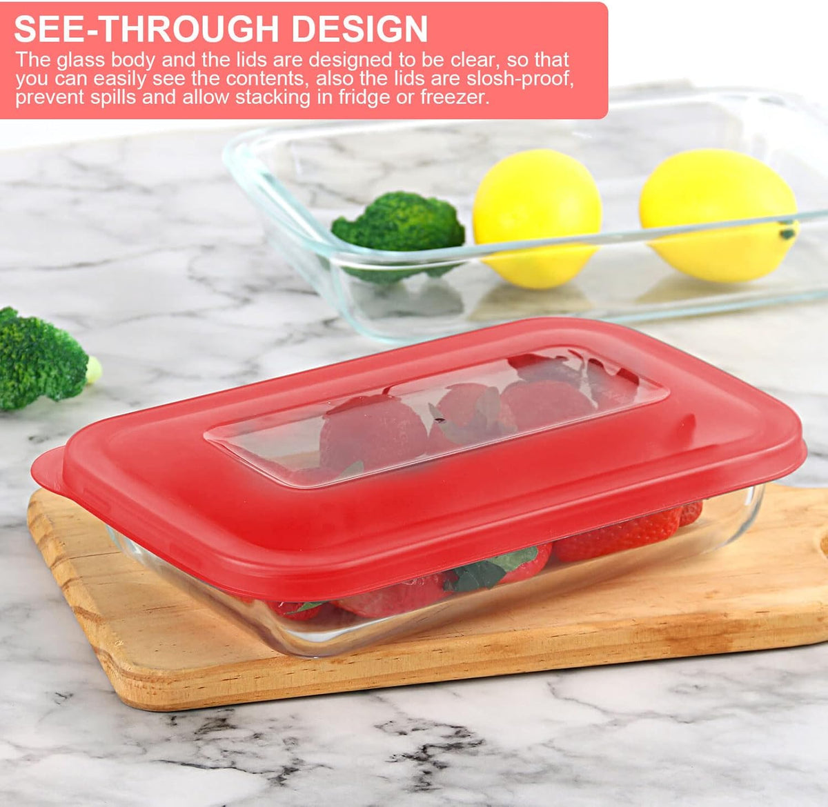 KOMUEE 8 Pieces Glass Baking Dish with Lids Rectangular Glass Baking Pan Bakeware Set with BPA Free Lids, Baking Pans for Lasagna, Leftovers, Cooking, Kitchen, Fridge-to-Oven, Red
