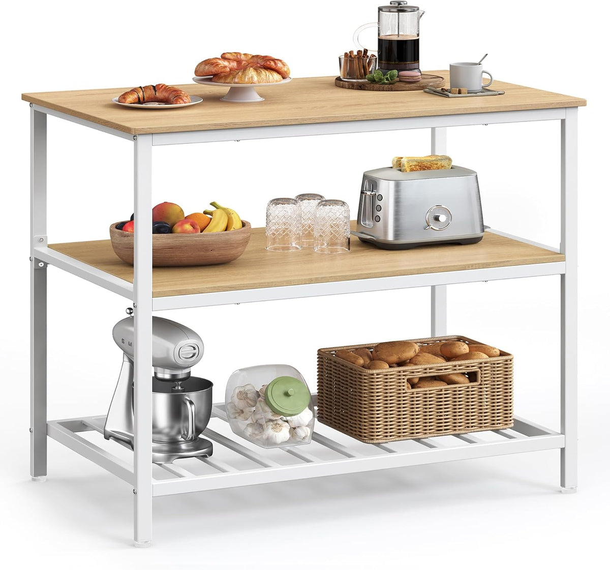 VASAGLE Kitchen Island with 3 Shelves, 39.4 Inches Width Kitchen Shelf with Large Worktop, Stable Steel Structure, Industrial, Easy to Assemble, Oak Color and White UKKI005W09