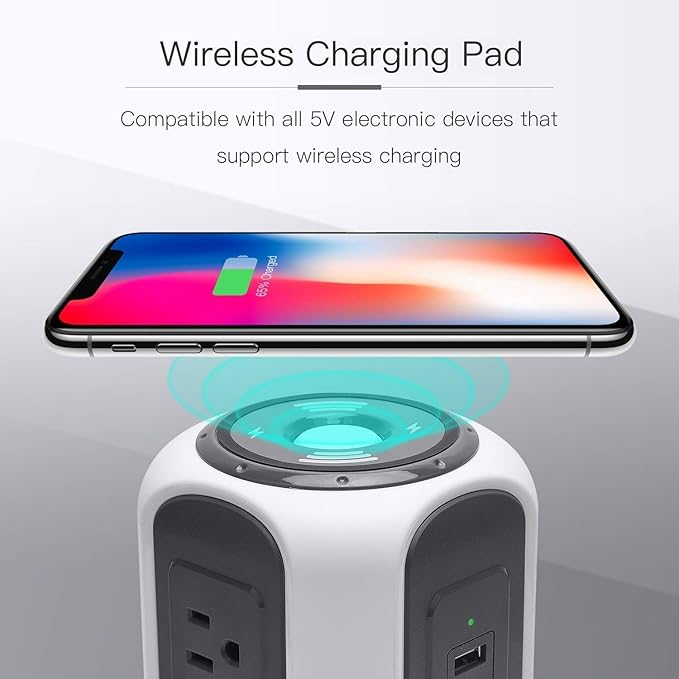 10ft Power Strip Tower Wireless Charger SUPERDANNY Surge Protector Extension Cord 10A 9-Outlet 4.5A 4 USB Electrical Charging Station Universal Socket for Laptop Phone White and Gray