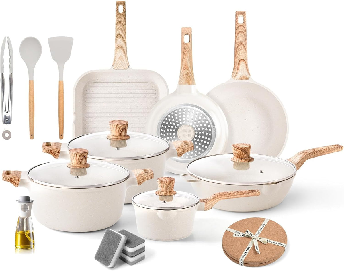 Caannasweis 20Pcs Cookware Sets, Nonstick Pots and Pans Set, Granite Induction Cookware, Non Stick Kitchen Cooking Set, Grayish White Grill Pan Set, PFOS PFOA Free