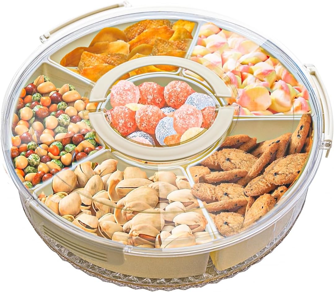 Divided Rotating Serving Tray with Lid & Handle, Portable Snack Spinner for Fruits, Veggies, Charcuterie, Party, Travel, Picnic, and Fridge Storage