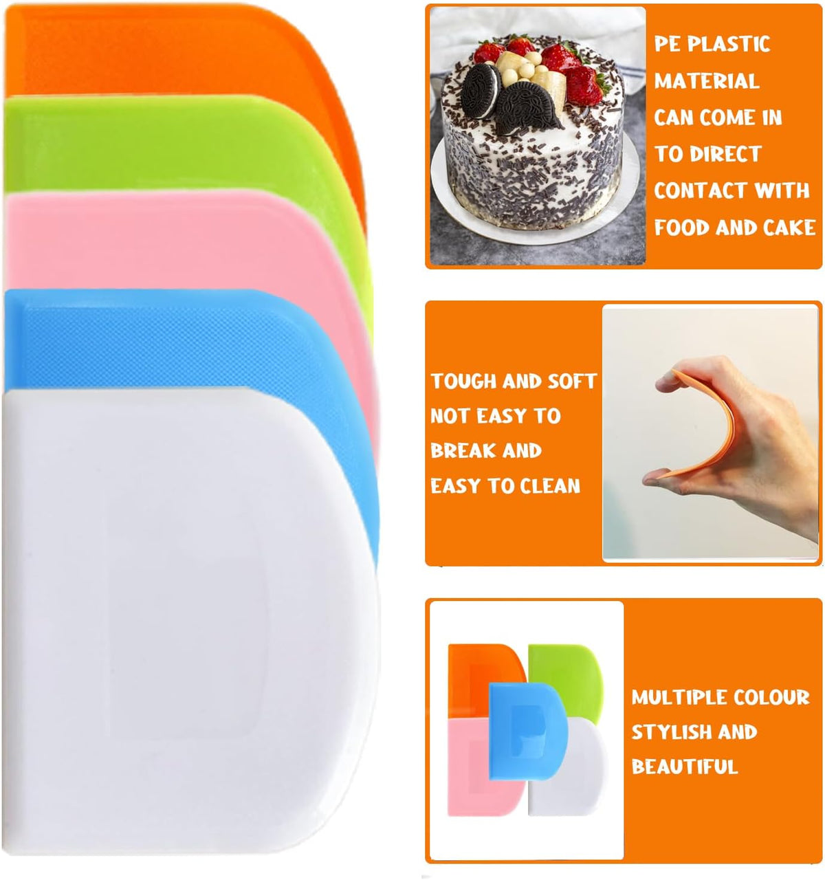 Dough Cutter Bench Scraper for Baking, 5 PCs BPA Free PE Plastic Flexible Bowl Scraper, Food-safe Plastic Dough Scraper for Bread Cake Dough Fondant Icing (White, Green, Orange, Blue, Pink)