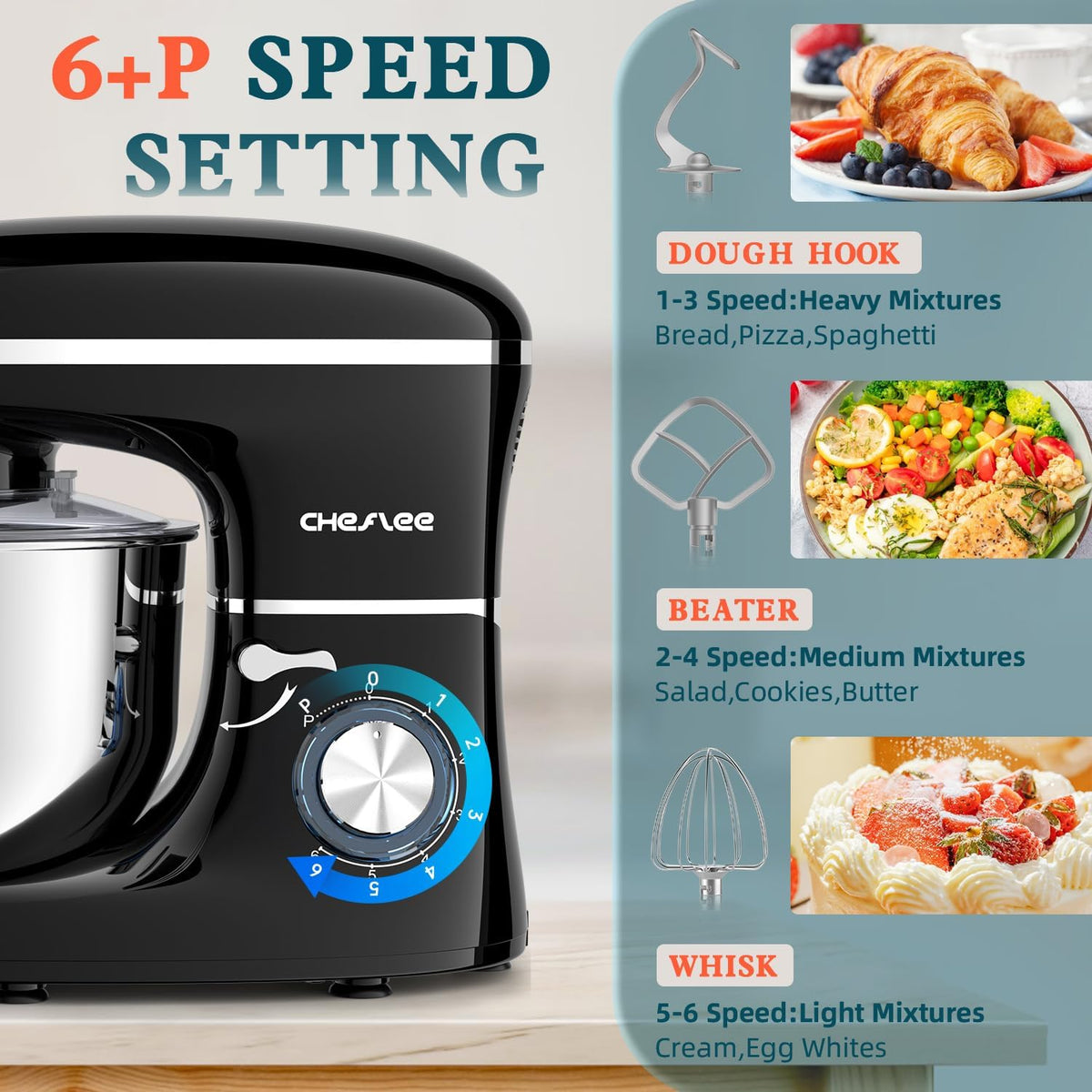 CHeflee Stand Mixer,600W 6+P With 6.5QT Stainless Steel Bowl,Dough Hook, Wire Whip & Beater,for Most Home Cooks,Black