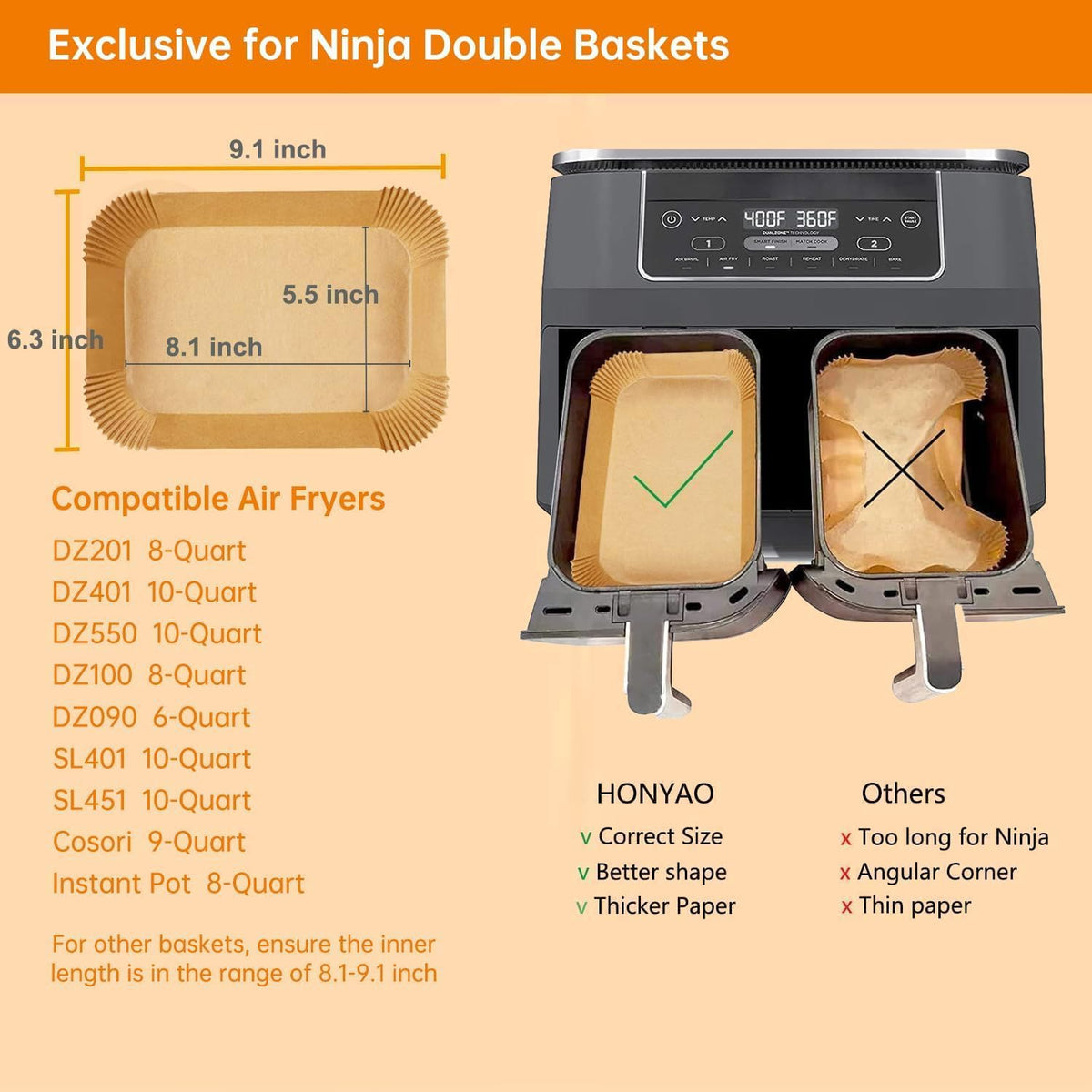 Air Fryer Paper Liners for Dual Zone Airfryer, 200pcs 8.1x5.5 inch Rectangle Disposable Inserts for Ninja Foodi DZ201 DZ401 DZ550 other 8-10 qt 2-Basket Air Fryers, Food Grade BPA Free