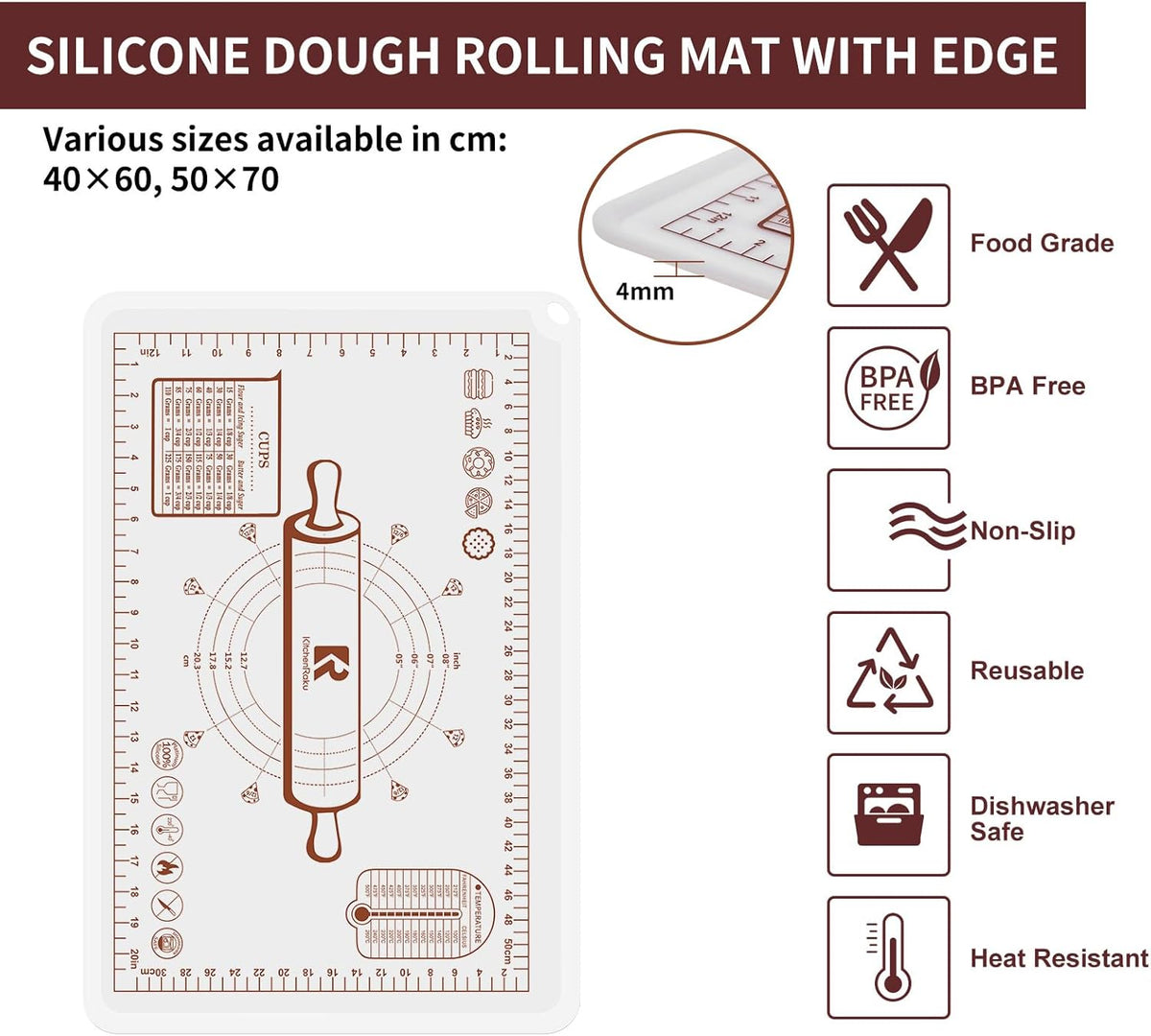 Silicone Baking Mat, Extra Thick Dough Rolling Pad with Measurements and Edge Heightening, Non-stick Food Grade Silicone Pastry Mat for Pastry, Bread, Cookies (Transparent, 20"L x 28"W)