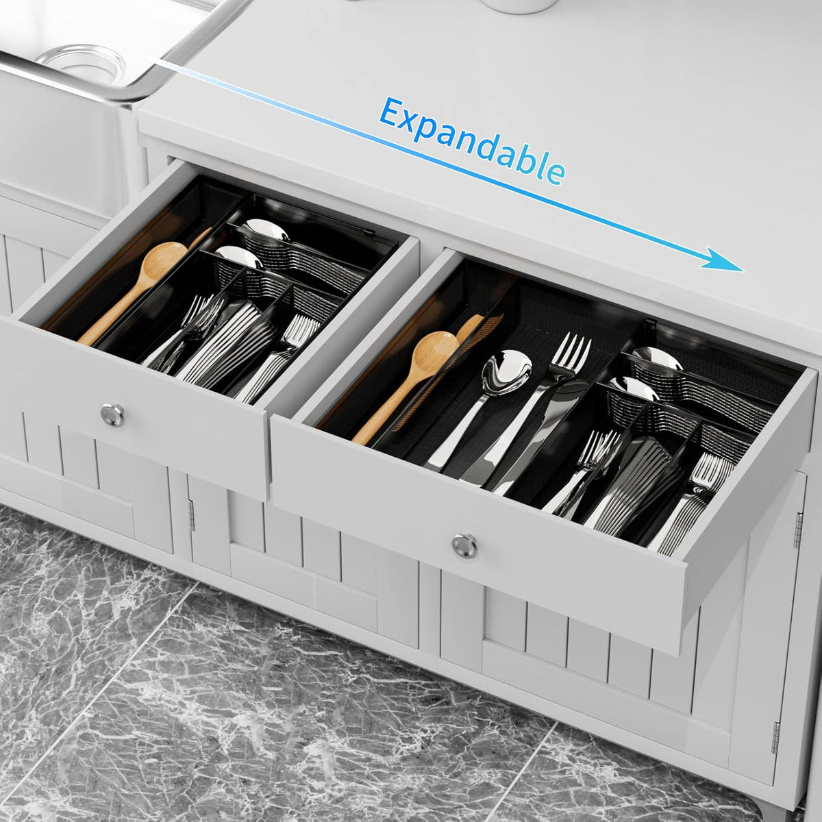 JANE EYRE Utensil Drawer Organizer - Expandable Cutlery Tray, Silverware/Flatware Storage Divider for Kitchen, Mesh Designing with Non-slip Rubber Feet (black)