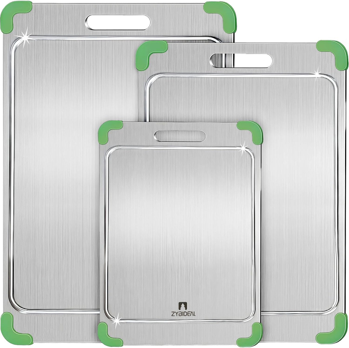 3Pcs 100% Pure Titanium Cutting Board with Grooves, Update Double Side Titanium Chopping Board, Silicone Anti-slip Stainless Cutting Boards Set for Kitchen, Green