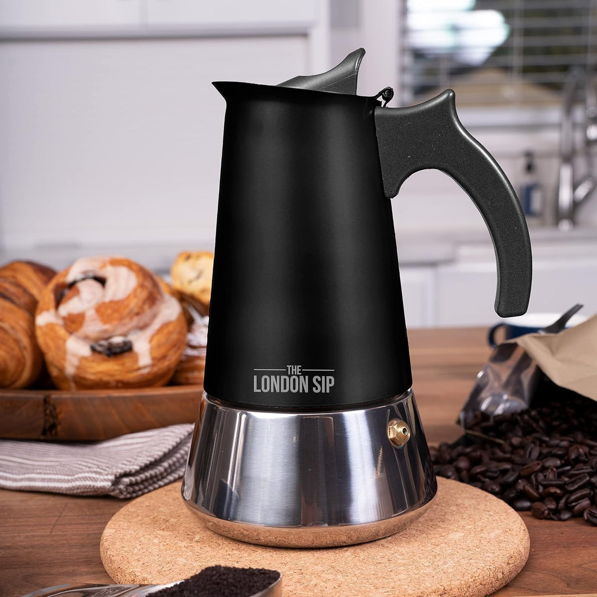 London Sip Stainless Steel Stovetop Espresso Maker Moka Pot Italian Coffee Percolator, Matte Black, Small (5.07 oz)