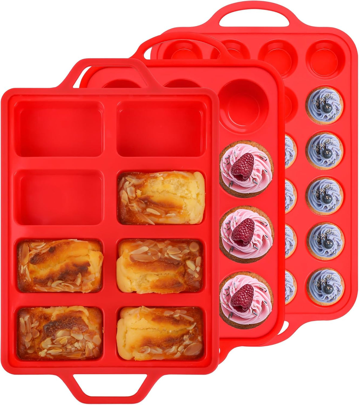 3 Pcs Silicone Baking Pan Set - Including 1 Pc Mini Loaf Pan, 1 Pc Standard Muffin Pan and 1 Pc Mini Muffin Pan - Silicone Cupcake Molds With Metal Reinforced Frame (Red)