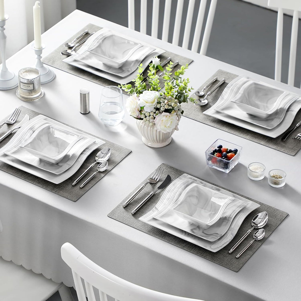 MALACASA Plates and Bowls Sets, 12 Pieces Modern Porcelain Dinnerware Sets for 4, Marble Dishware Set Kitchen Dining Ware Set, Square Ceramic Dish Set, Microwave and Dishwasher Safe, Series Flora