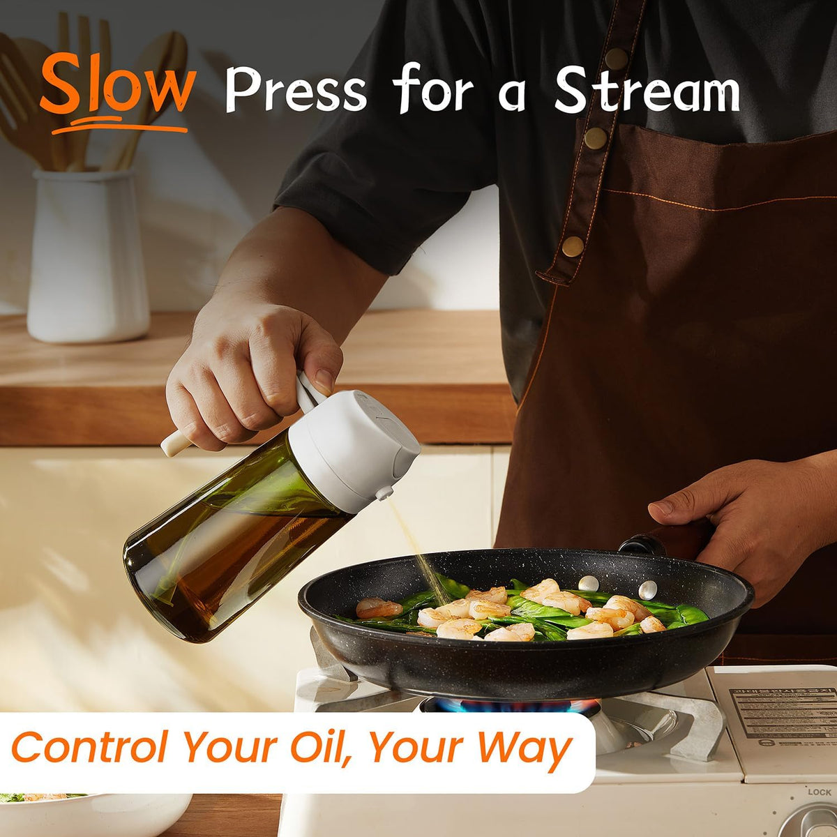 TrendPlain - Original 16oz/470ml Olive Oil Dispenser Bottle for Kitchen Gadgets and Air Fryer Accessories - Olive Oil Sprayer for Cooking w/Stickers - Black&White