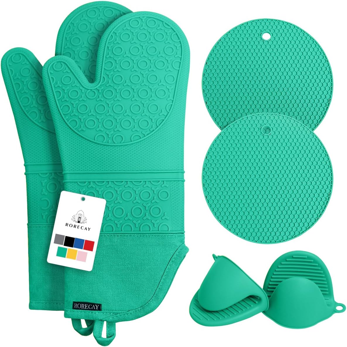 Rorecay 6pcs Oven Mitts and Pot Holders Sets Heat Resistant 500 Degrees, Non-Slip Silicone Hot Pads Potholders for Kitchen Baking Cooking, Extra Long Oven Gloves Quilted Liner, Jungle