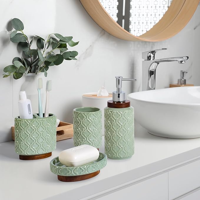 Bathroom Accessories Set 6 Pieces Toothbrush Holder Soap Dispenser Ceramic Bathroom Accessory Set Contain Toothbrush Cup Soap Dish Tumbler Green