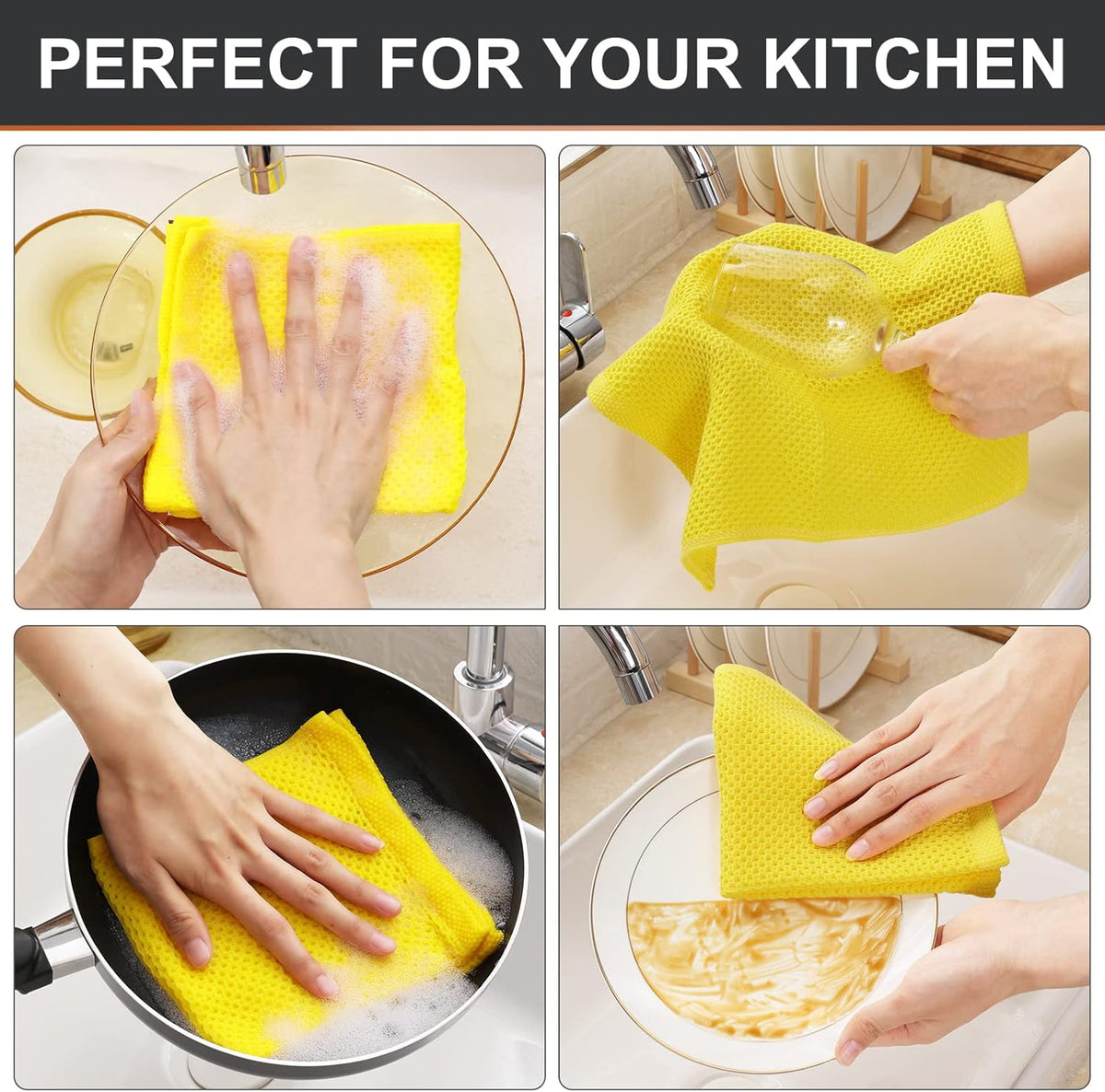 Kitinjoy 100% Cotton Kitchen Dish Cloths, 6 Pack Waffle Weave Ultra Soft Absorbent Dish Towels for Drying Dishes Quick Drying Kitchen Towels Dish Rags, 12 X 12 Inches, Yellow