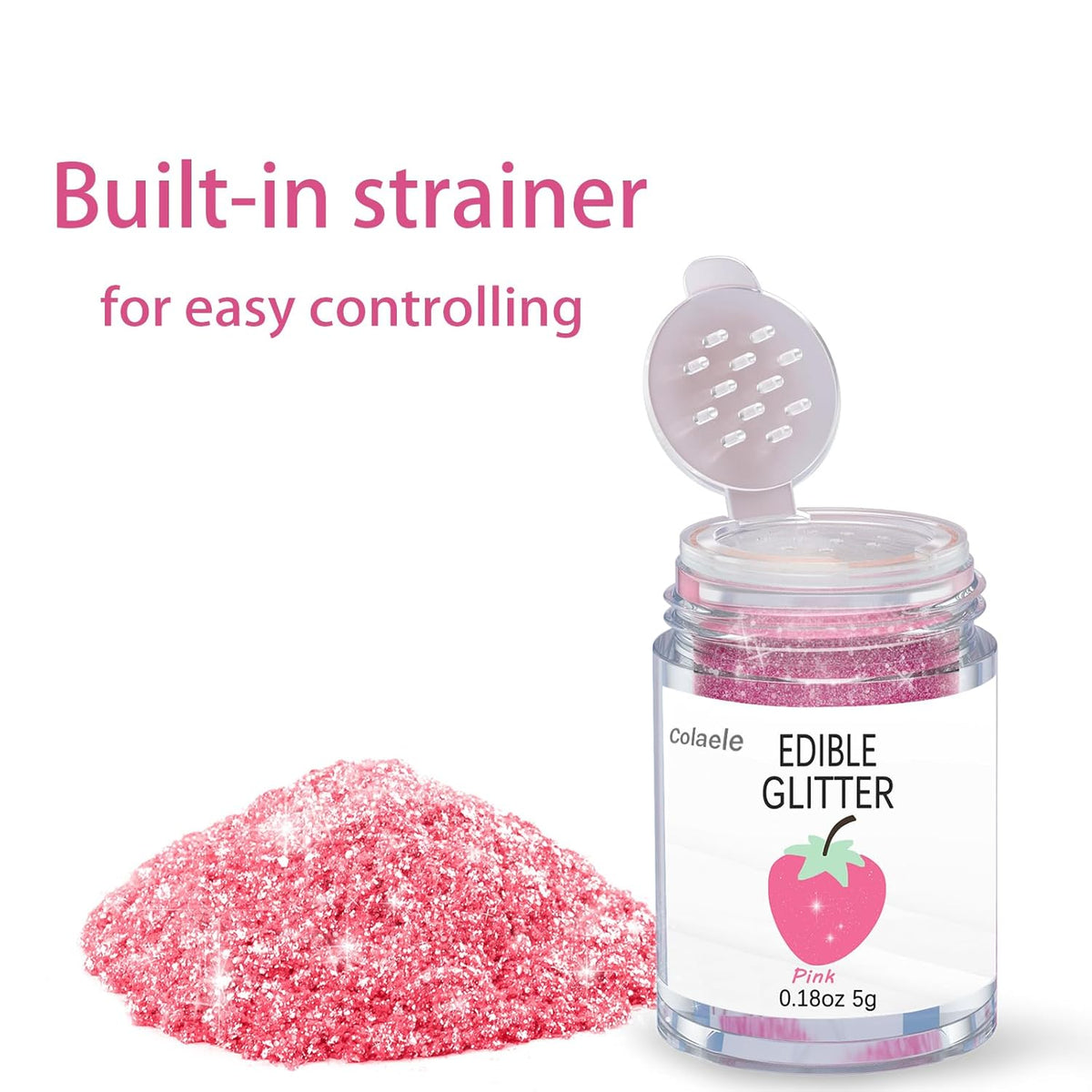 Pink Edible Glimmer Powder Glitter - Colaele 5 grams Food-Grade Luster Dust Metallic Fancy Food Decorating Sprinkle Glimmery Brew Dust for Cake Decorations Drinks Wine Beverage Candy Dessert, Vegan
