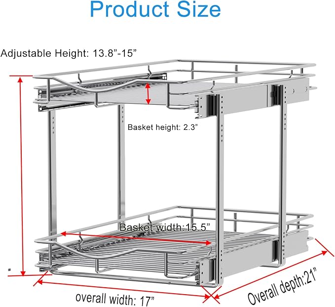 DINDON 2 Tier Pull Out Cabinet Organizer (17" W X 21" D), Double Tier Wire Basket Slide Out Shelf Storage for Kitchen Base Cabinet, Chrome Finish