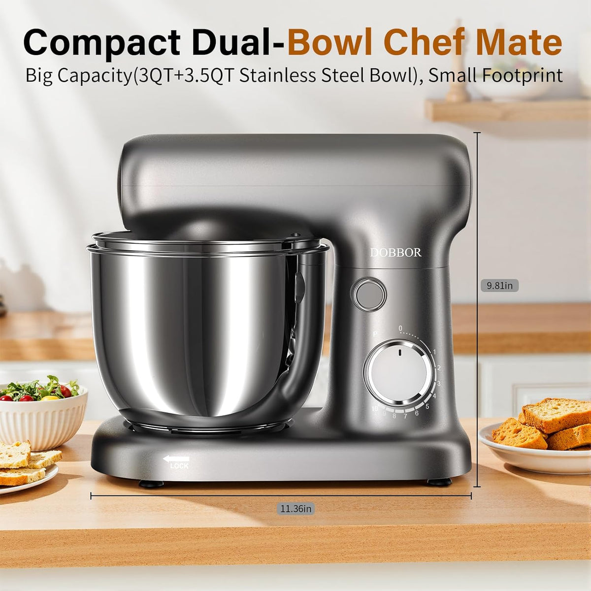 Stand Mixer with 3QT+3.5QT Dual Bowls, 10-Speed Electric 300W Food Mixer - Includes Egg Whisk, Dough Hook & Flat Beater for Home Baking & Daily Cooking (GraySilver)