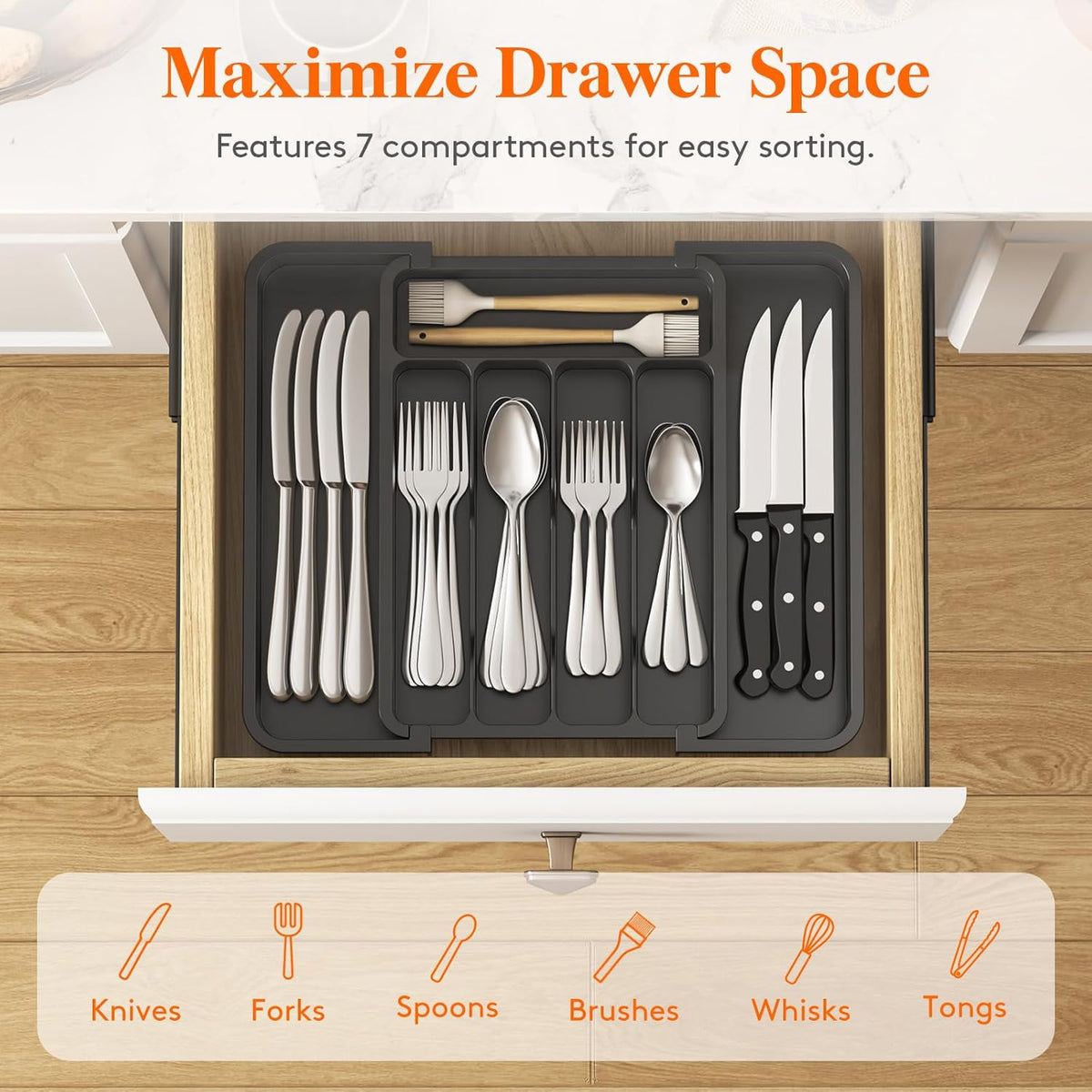 Lifewit Silverware Drawer Organizer, Expandable BPA Free Utensil Tray for Kitchen, Adjustable Flatware and Cutlery Holder for Spoons Forks Knives, Plastic Kitchen Organizers and Storage, Black