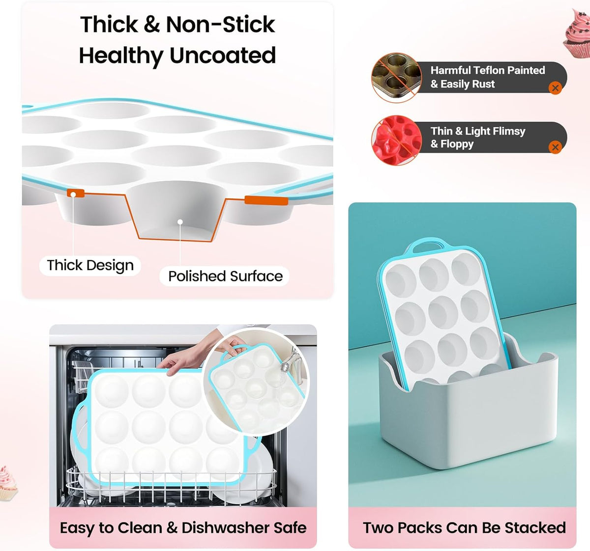 Silicone Muffin Pans for Baking 1 Pack, 2.6 Inch with Metal Reinforced Frame, Regular Size Nonstick Cupcake Pan 12 Cups for Baking Homemade Muffins, Dishwasher Safe BPA Free-Blue