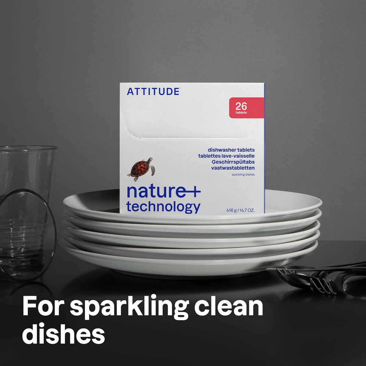ATTITUDE Dishwasher Pods, Plant-Based & Vegan, Phosphate-Free Detergent Tablets, Naturally Derived, Unscented, 26 Count
