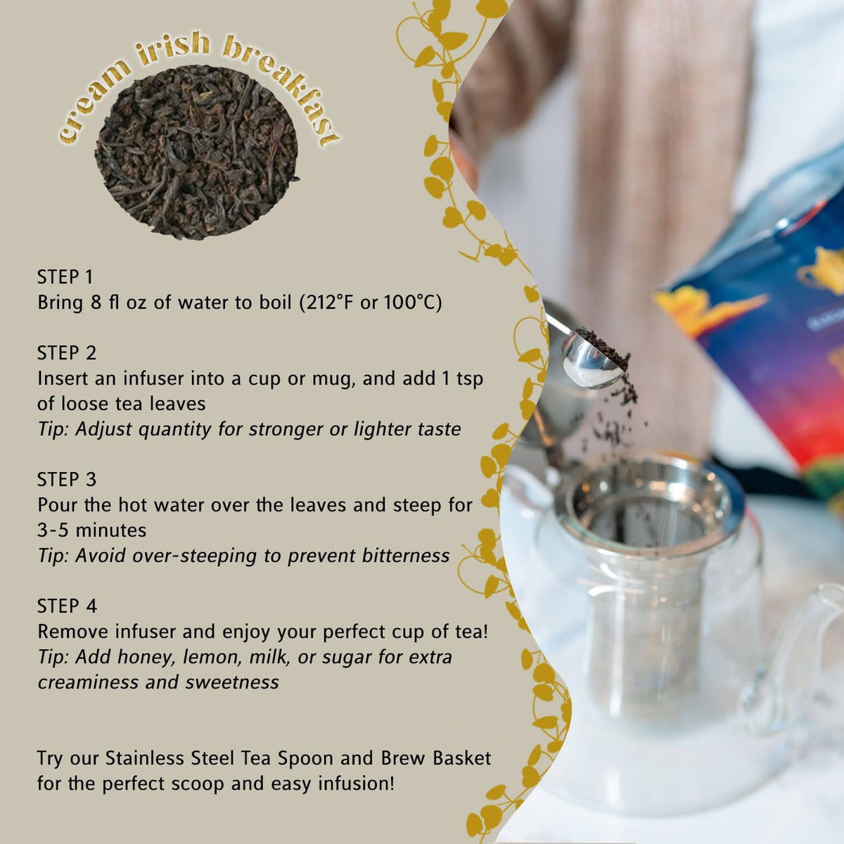 Cream Irish Breakfast Tea, Loose Leaf Black Tea – Irish Classic with Caramel & Strong Assam – Robust, Full-Bodied – Drink Hot or Iced – 4 oz Resealable Bag (Makes 50 Cups) – The Elegant Elephant