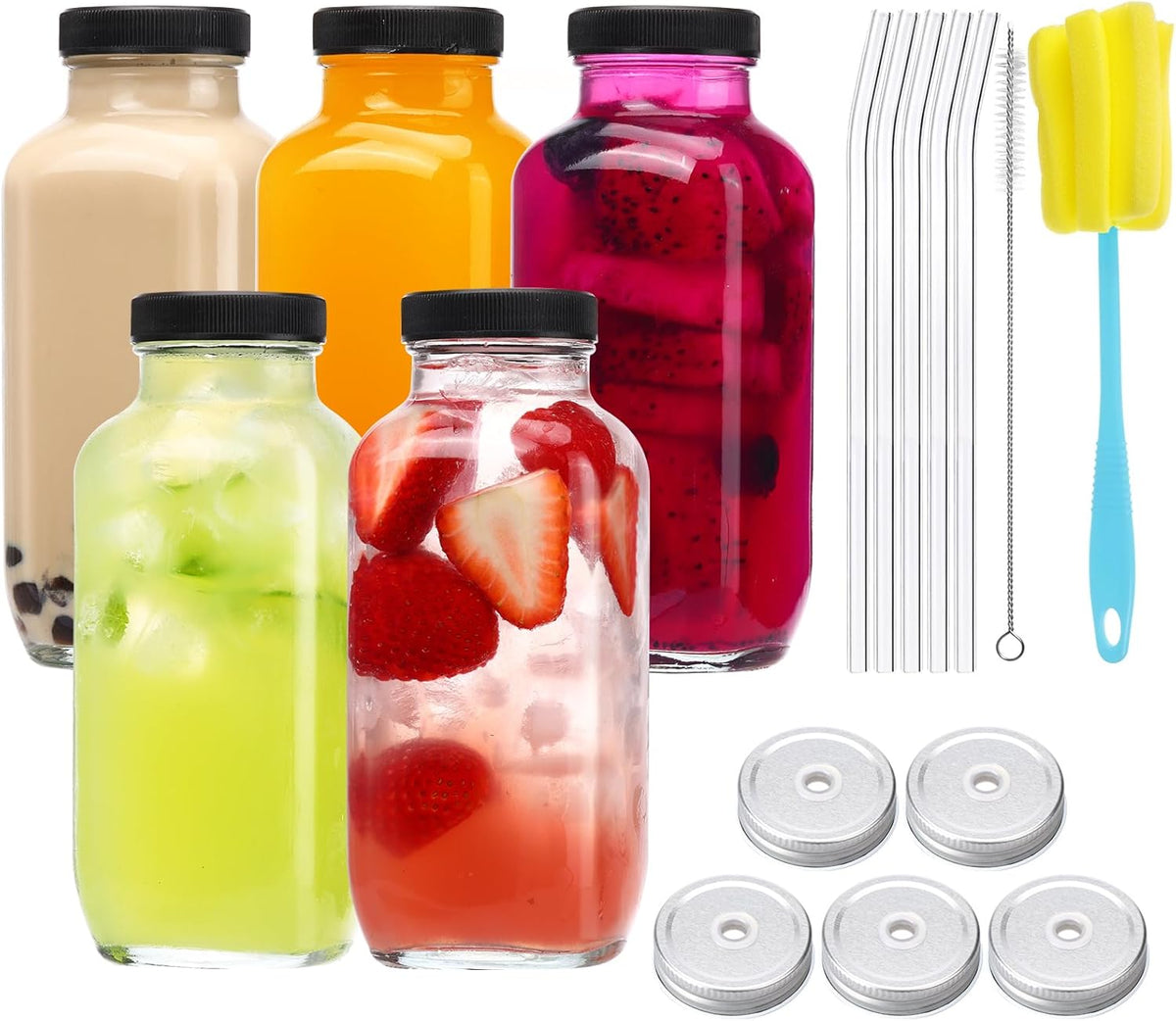 CUCUMI 5pcs 16oz Glass Juice Bottles with Lids, Reusable Juice Containers Drinking Jars Water Cups with Brush, Glass Straws, Lids with Hole