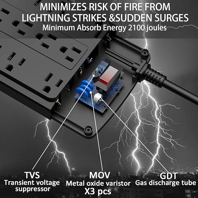 18 Outlets Surge Protector Power Strip - 6 Feet Flat Plug Heavy Duty Extension Cord with 18 Widely Outlets and 4 USB Ports, 2100 Joules, Black, ETL Listed