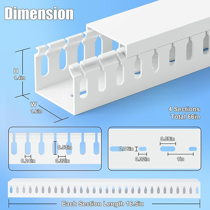 66in(4X L16.5in) Professional Server Rack Cable Management Raceway, H1.4in x W1.6in Cable Raceway Kit, Electrically Safe PVC Open Slot Wire Raceway for Under Desk/Computer/Network Cords, White