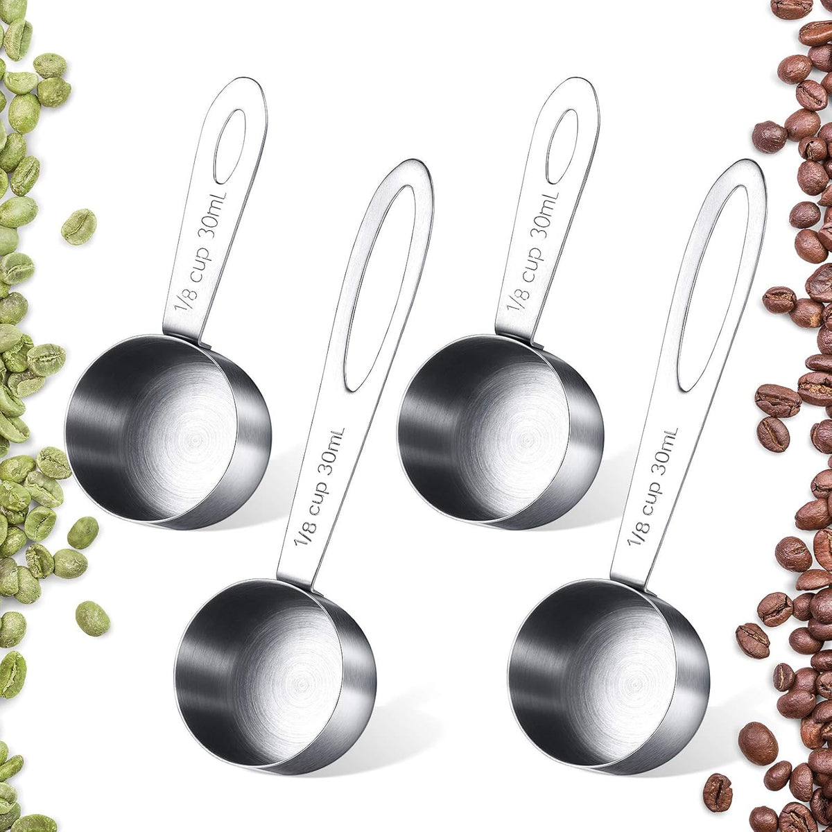Geiserailie 4 Pcs Coffee Scoop 2 Tablespoon Stainless Steel Coffee Measuring Scoops, Including 2 Short Handled 2 Long Handle for Tea, Sugar and Milk, 30 Ml,1/8 Cup