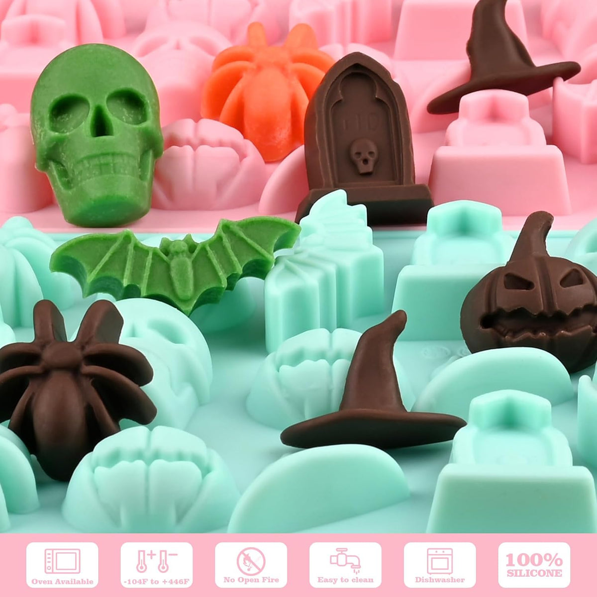 Actvty Halloween Chocolate Silicone Mold, 4 Packs Candy Gummy Molds of 18 Cavity with Skull Pumpkin Ghost Witch Hat Bat Spider Tombstone Shapes for Baking Chocolate Gummy Jelly Dessert