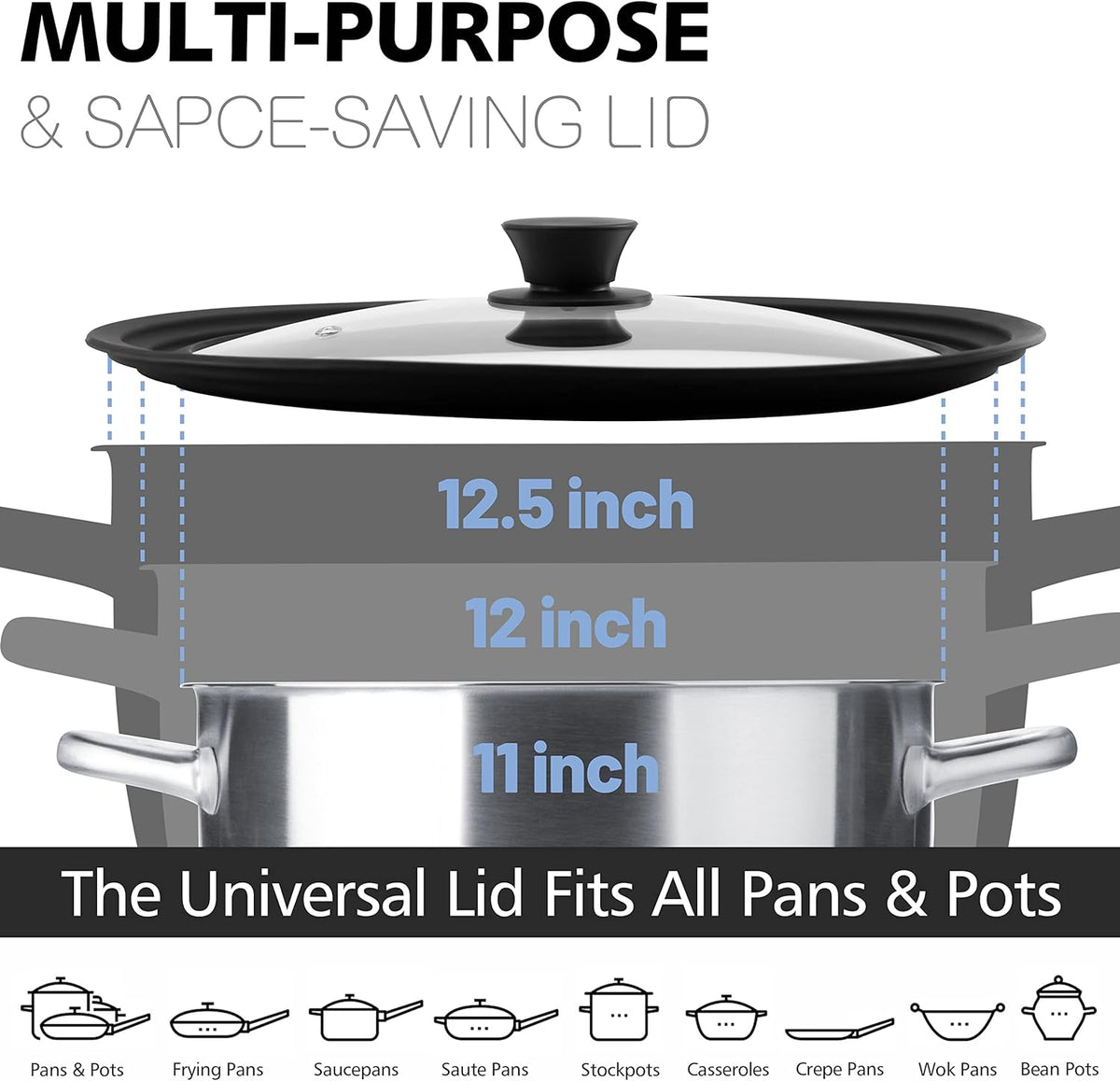 Anaeat Silicone Universal Lid for Pots, Pans and Skillets - Tempered Glass Covered with Heat Resistant Silicone Rim Fits 11", 12" and 12.5" Diameter Cookware -Easy to Use Replacement Frying Pan Cover