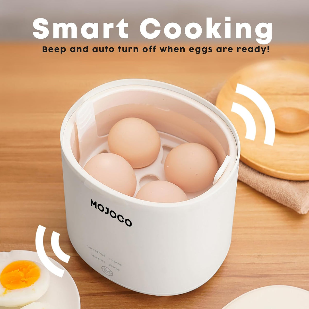 Mojoco Rapid Egg Cooker - Mini Egg Cooker for Steamed, Hard Boiled, Soft Boiled Eggs and Onsen Tamago - Electric Egg Boiler for Home Kitchen, Dorm Use - Smart Egg Maker with Auto Shut OFF and Alarm